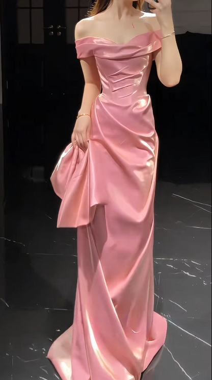 Robe de Bal Rose Chic Épaules Dénudées Fourreau Satin Longue Robe de Bal ED09583