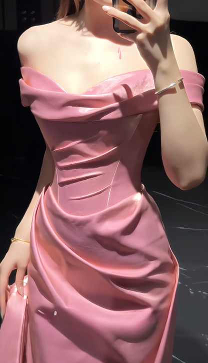 Robe de Bal Rose Chic Épaules Dénudées Fourreau Satin Longue Robe de Bal ED09583