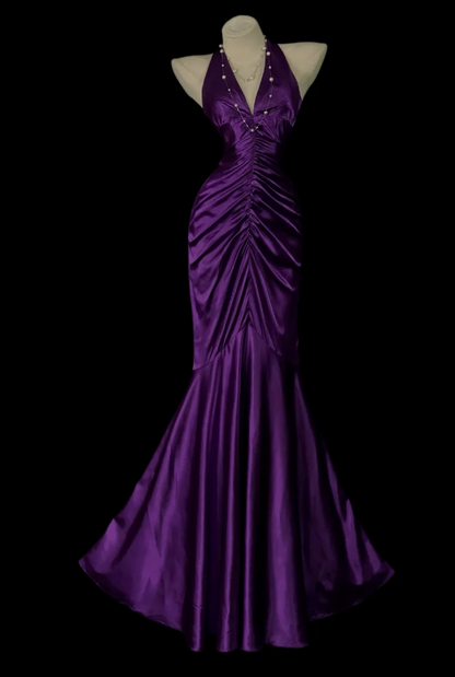 Chic Purple Prom Dress Halter Mermaid Satin Long Prom Dress ED09584