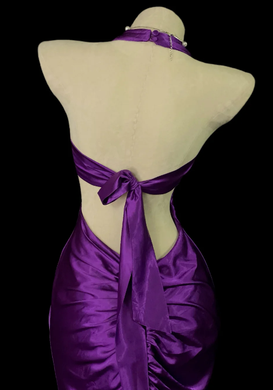 Chic Purple Prom Dress Halter Mermaid Satin Long Prom Dress ED09584