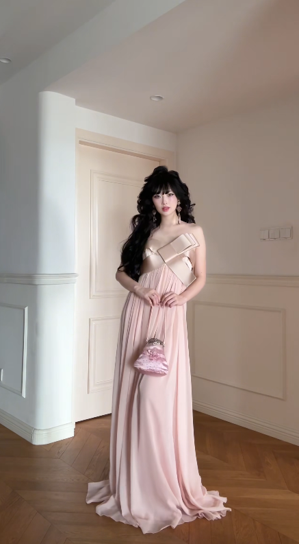 Élégante Robe de Bal Rose Fourreau sans Bretelles en Mousseline Longue ED09586
