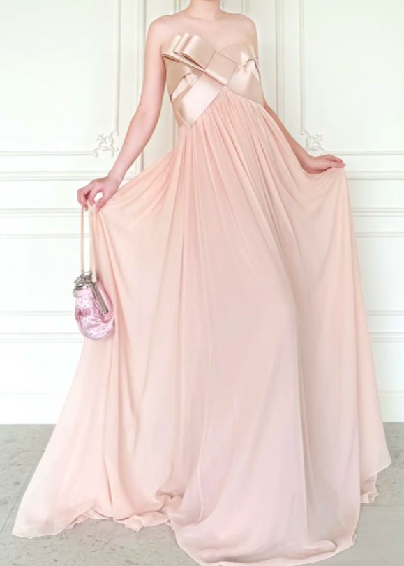 Élégante Robe de Bal Rose Fourreau sans Bretelles en Mousseline Longue ED09586
