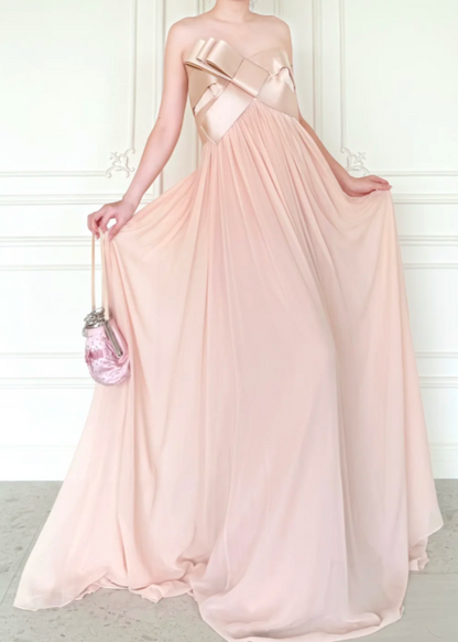 Élégante Robe de Bal Rose Fourreau sans Bretelles en Mousseline Longue ED09586