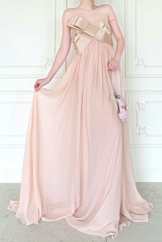 Élégante Robe de Bal Rose Fourreau sans Bretelles en Mousseline Longue ED09586