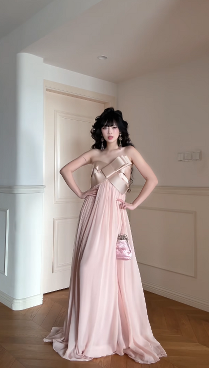 Élégante Robe de Bal Rose Fourreau sans Bretelles en Mousseline Longue ED09586