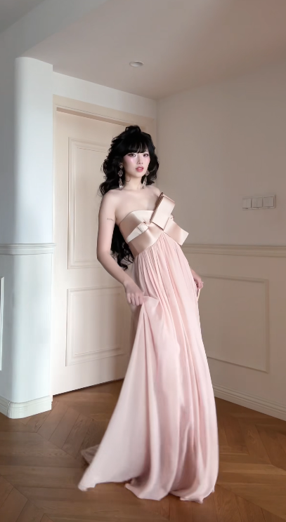 Élégante Robe de Bal Rose Fourreau sans Bretelles en Mousseline Longue ED09586