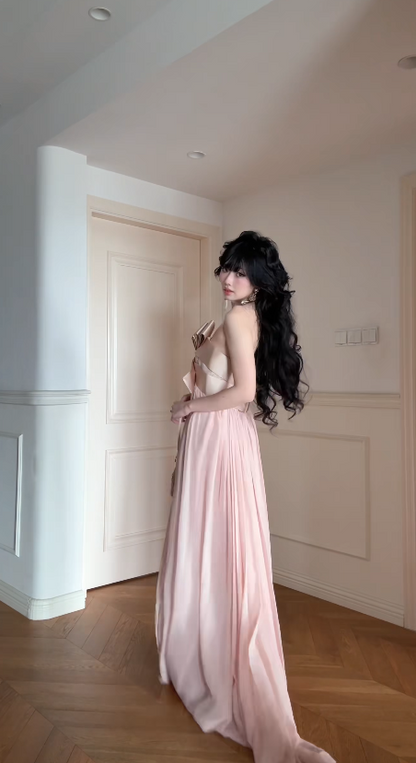Élégante Robe de Bal Rose Fourreau sans Bretelles en Mousseline Longue ED09586