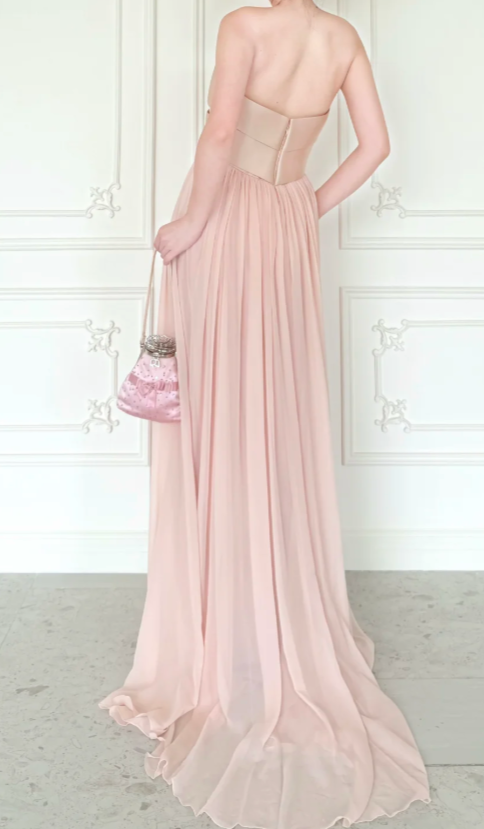 Élégante Robe de Bal Rose Fourreau sans Bretelles en Mousseline Longue ED09586