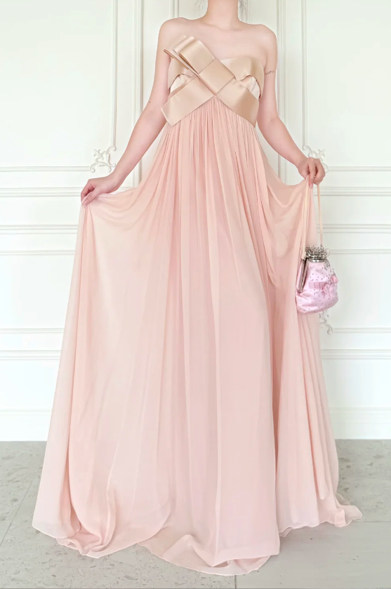 Élégante Robe de Bal Rose Fourreau sans Bretelles en Mousseline Longue ED09586