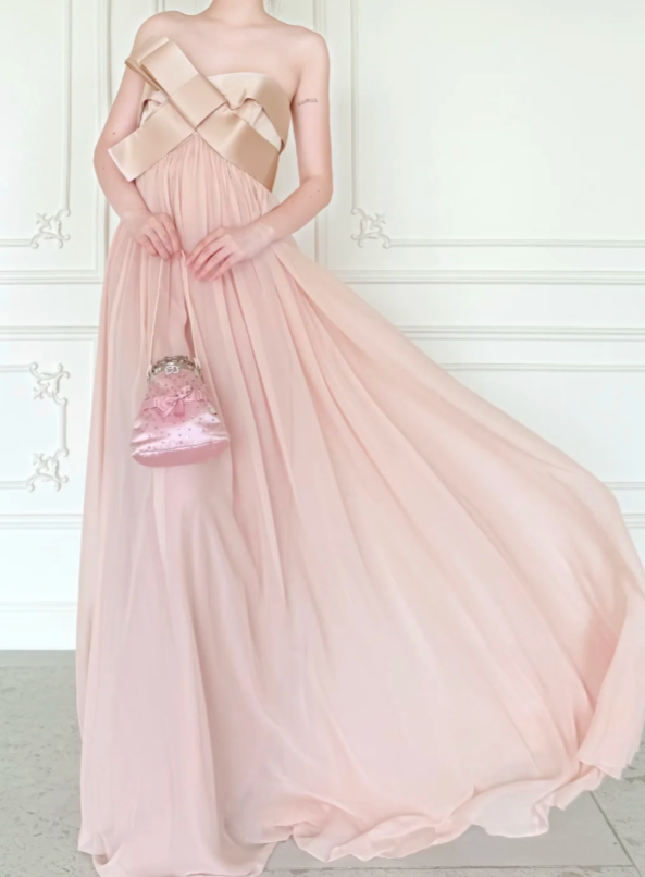 Élégante Robe de Bal Rose Fourreau sans Bretelles en Mousseline Longue ED09586