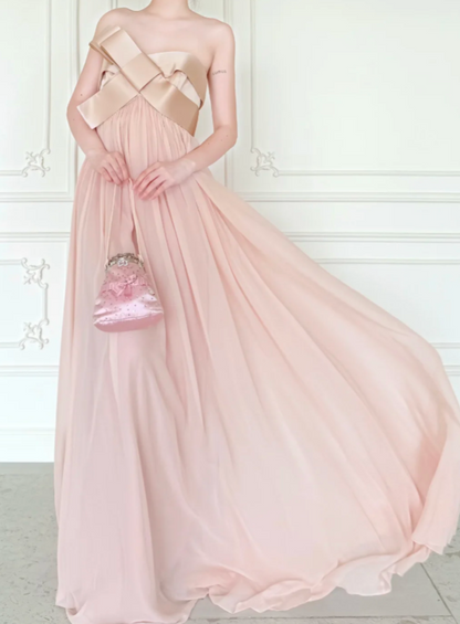 Élégante Robe de Bal Rose Fourreau sans Bretelles en Mousseline Longue ED09586