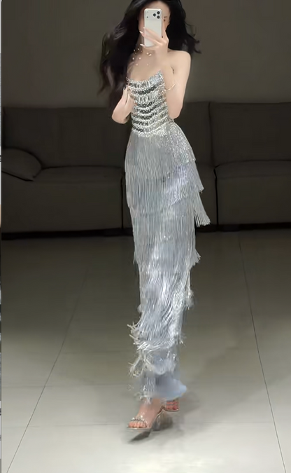 Chic Grey Prom Dress Strapless Sheath Tassle Long Prom Dress ED09587