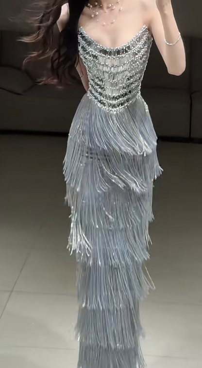 Chic Grey Prom Dress Strapless Sheath Tassle Long Prom Dress ED09587