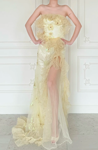Robe de bal chic jaune bustier fourreau tulle longue ED09589