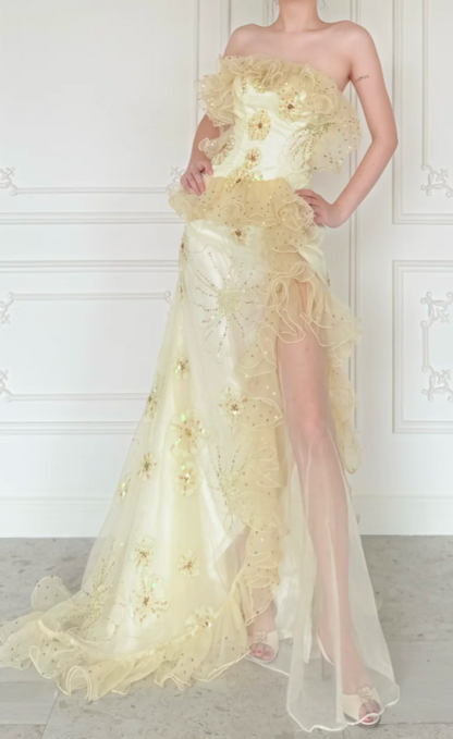 Robe de bal chic jaune bustier fourreau tulle longue ED09589