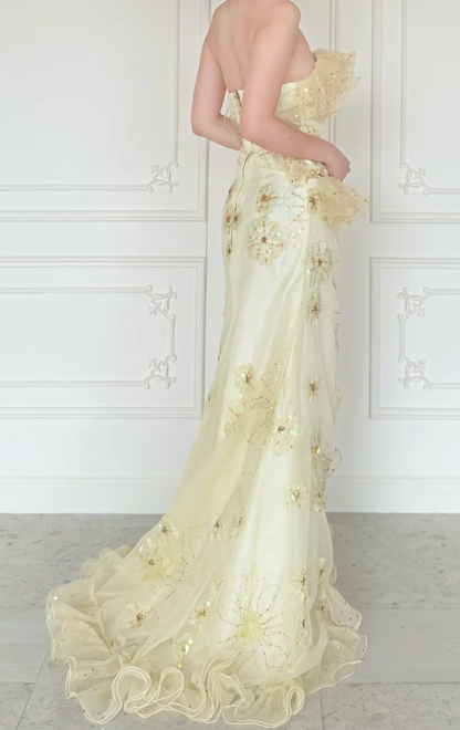 Robe de bal chic jaune bustier fourreau tulle longue ED09589