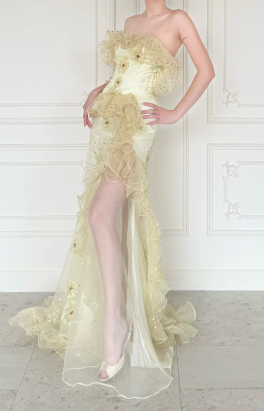 Robe de bal chic jaune bustier fourreau tulle longue ED09589