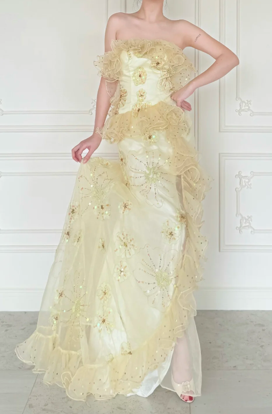 Robe de bal chic jaune bustier fourreau tulle longue ED09589