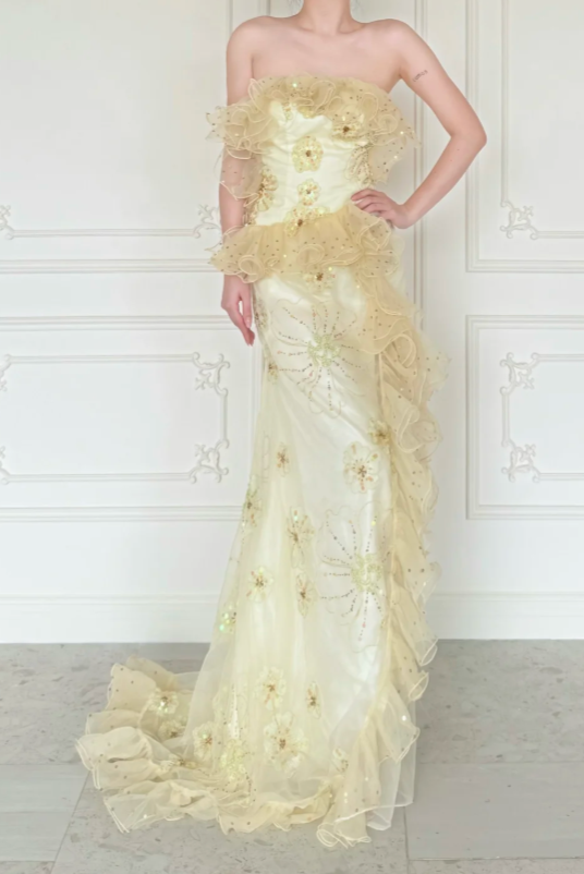 Robe de bal chic jaune bustier fourreau tulle longue ED09589