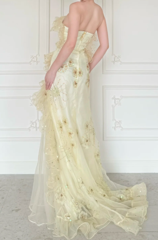 Robe de bal chic jaune bustier fourreau tulle longue ED09589