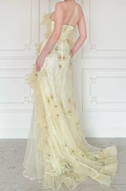 Robe de bal chic jaune bustier fourreau tulle longue ED09589