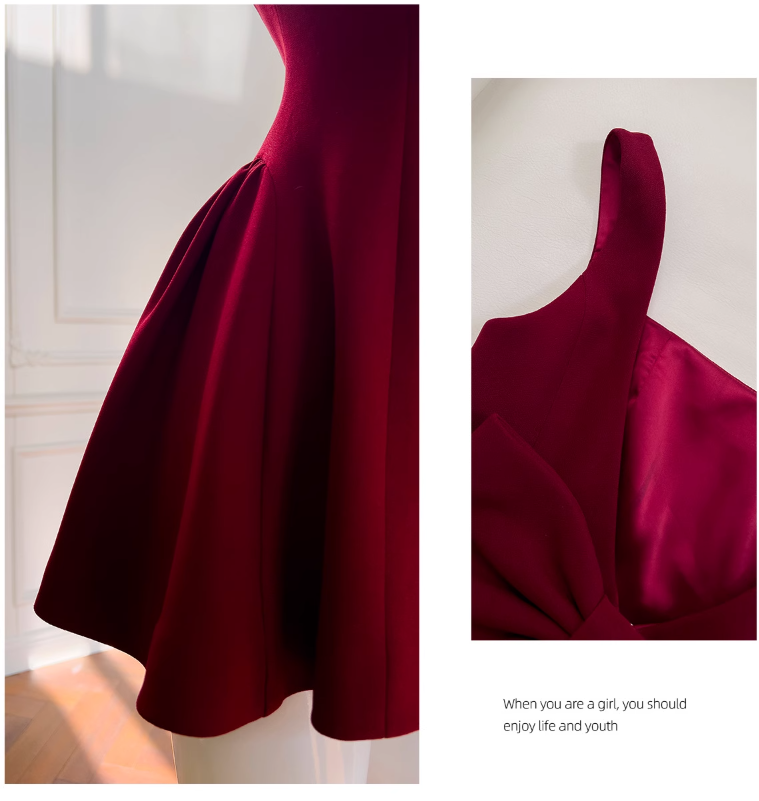 Burgunderrotes A-Linien-Abendkleid mit Spaghettiträgern, kurzes Homecoming-Kleid, ED0958