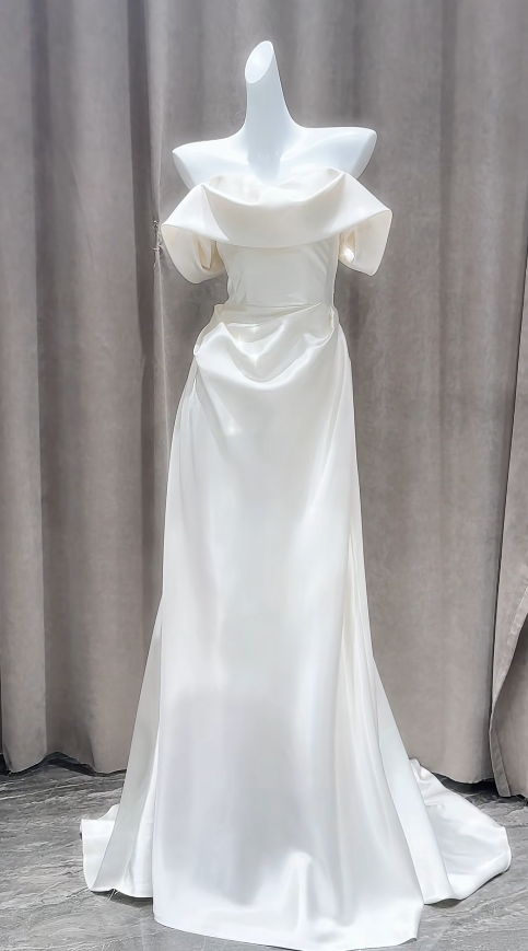 Timeless Off-shoulder Sheath Satin White Wedding Dress ED09597
