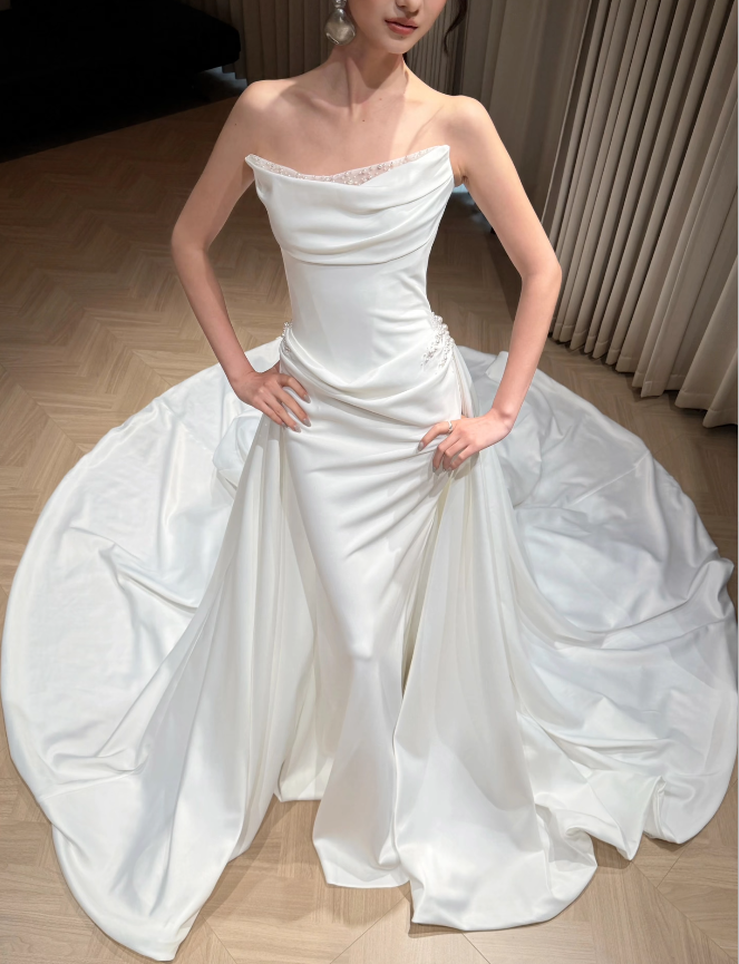 Timeless Strapless Sheath Satin White Wedding Dress ED09599