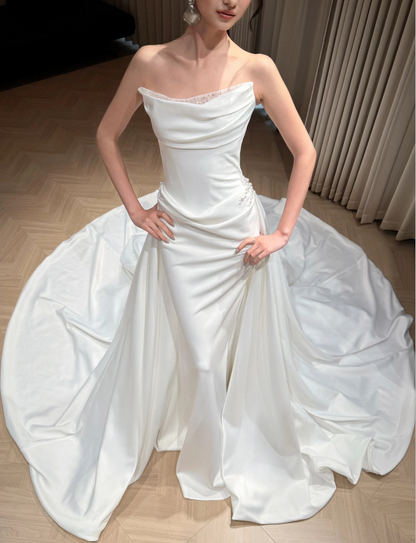 Timeless Strapless Sheath Satin White Wedding Dress ED09599