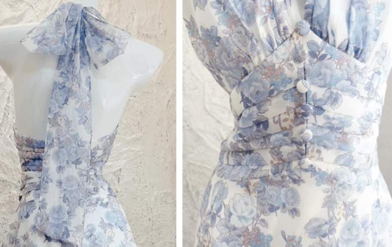Französisches Neckholderkleid mit Blumendruck ED01467