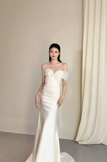 Timeless Off-shoulder Sheath Satin White Wedding Dress ED09600