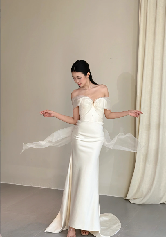 Timeless Off-shoulder Sheath Satin White Wedding Dress ED09600