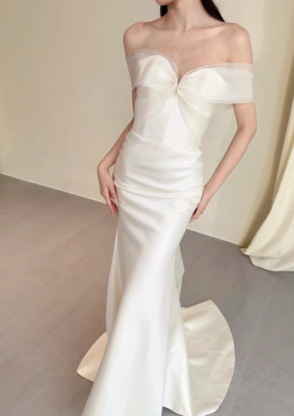 Timeless Off-shoulder Sheath Satin White Wedding Dress ED09600