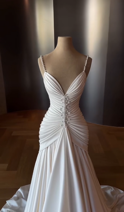Elegant White Straps A-Line Satin Wedding Dress for Bride ED09601