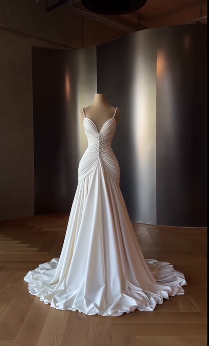 Elegant White Straps A-Line Satin Wedding Dress for Bride ED09601