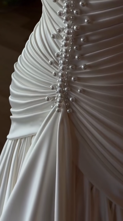 Elegant White Straps A-Line Satin Wedding Dress for Bride ED09601