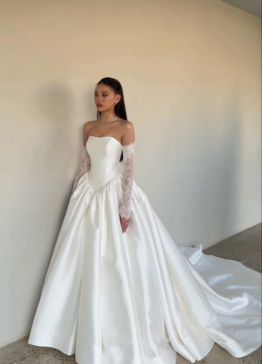 Elegant  Strapless A-Line Satin White Wedding Dress for Bride ED09603