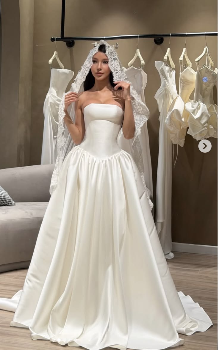 Modest White Strapless  A-Line Satin Wedding Dress for Bride ED09604