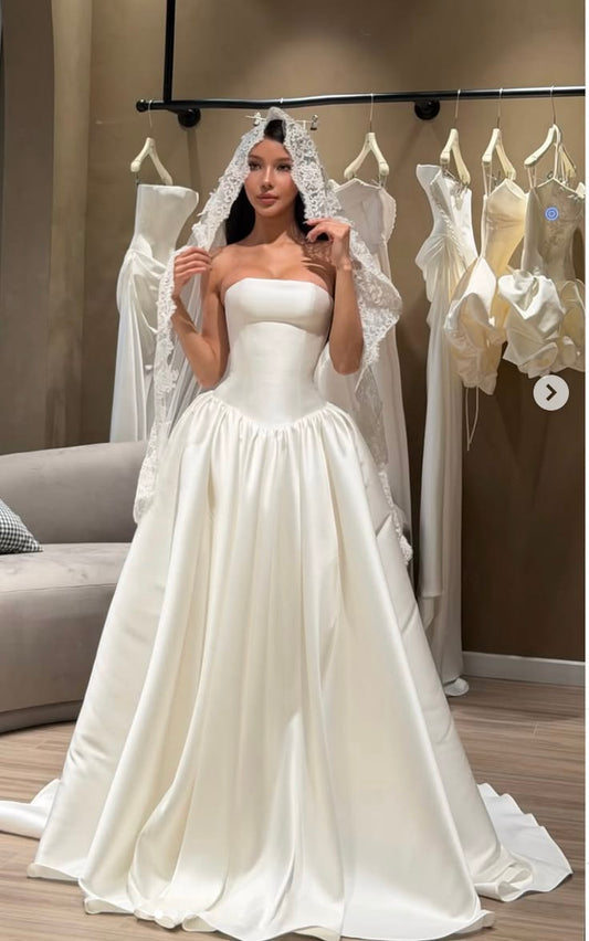 Modest White Strapless  A-Line Satin Wedding Dress for Bride ED09604