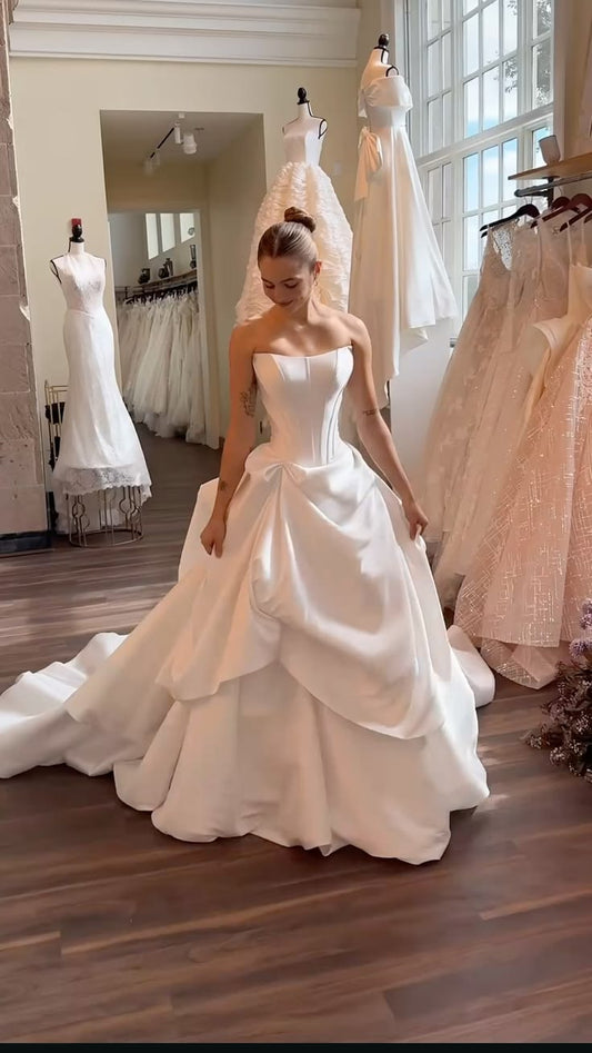 Modest White Strapless  A-Line Satin Wedding Dress for Bride ED09606