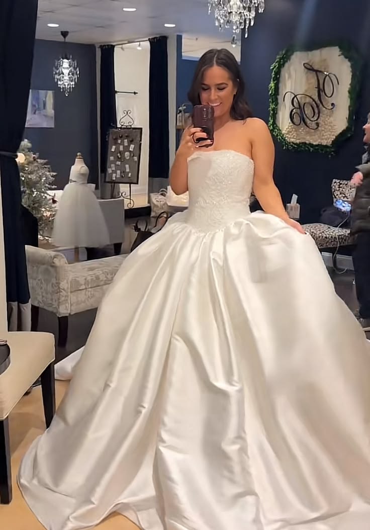 Modest White Satin A-Line Strapless Wedding Dress for Bride ED09608