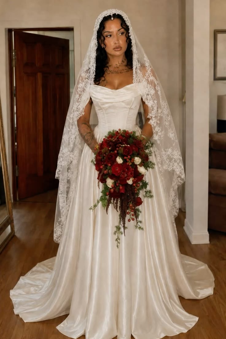 Modest White Satin A-Line Off-shoulder Wedding Dress for Bride ED09609