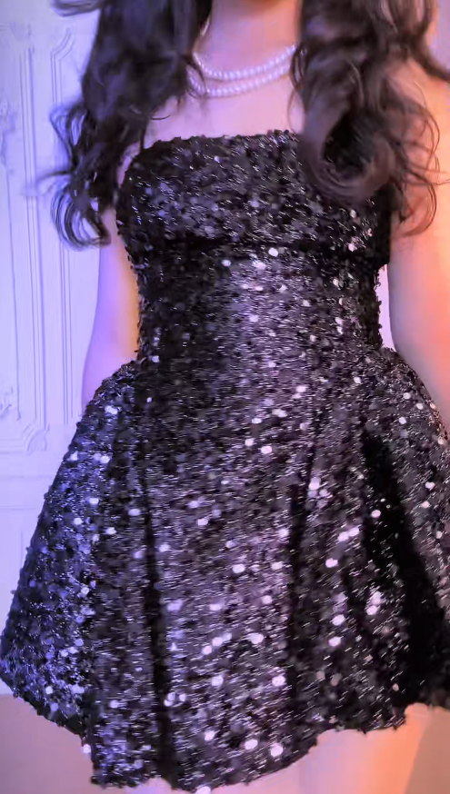 Fashion Black Short Homecoming Dress Straps A-line Sequins Birthday Dress ED09619
