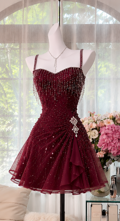 Fashion Burgundy Short Homecoming Dress Straps A-line Chiffon Beaded Birthday Dress ED09620