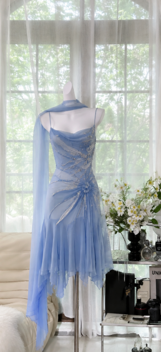 Fashion Hellblau Kurzes Homecoming-Kleid Träger Etui Chiffon Perlen Geburtstagskleid ED09621