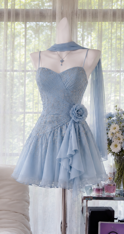 Fashion Pale Blue Short Homecoming Dress Straps A-Line Beaded Chiffon Birthday Dress ED09626