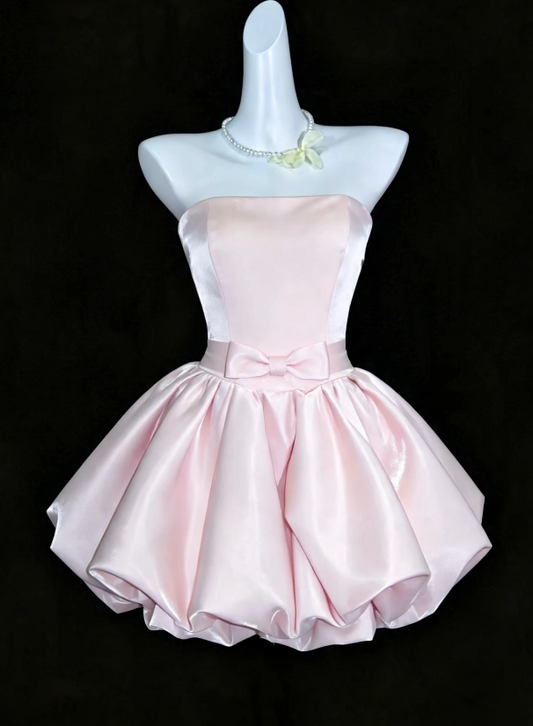 Robe courte de bal de fin d'année rose vif, bretelles, coupe trapèze, en satin, ED09629
