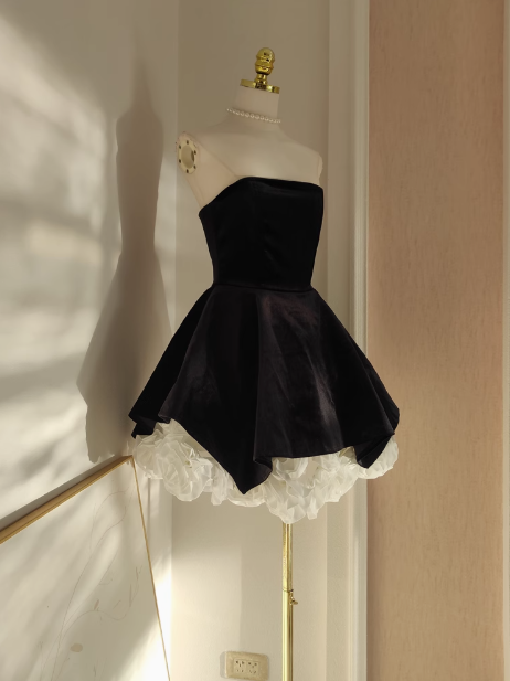 A-Linie Samt Tube Top Mesh Patchwork 3D Blume Kontrastfarbe Kleid, Geburtstagskleid ED0962