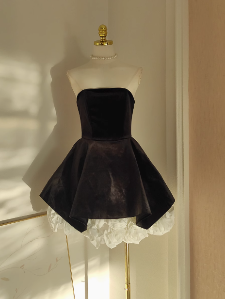 A-Linie Samt Tube Top Mesh Patchwork 3D Blume Kontrastfarbe Kleid, Geburtstagskleid ED0962