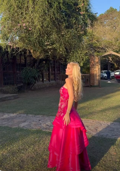 Chic Hot Pink Prom Dress Strapless A-Line Satin Long Evening Dress ED09635